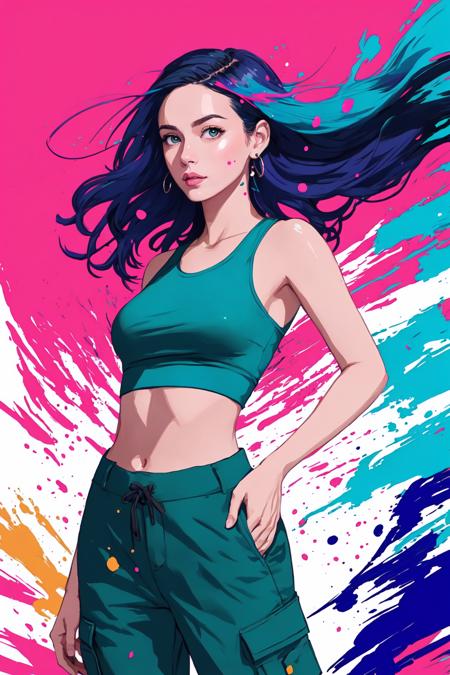 snthwve style nvinkpunk award winning half body portrait of a woman in a croptop and cargo pants with ombre navy blue teal hairstyle with head in motion and hair flying, paint splashes, splatter, outrun, vaporware, shaded flat illustration, digital art, trending on artstation, highly detailed, fine detail, intricate,