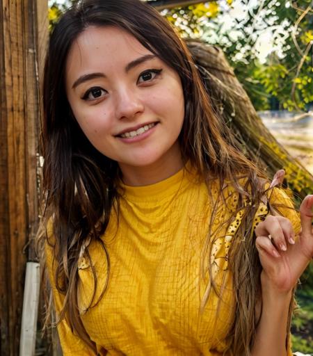 a beautiful picture of j34nni3, masterpiece, photorealistic, detailed, 4k, HDR, backlighting, bloom, light, RAW color photo, wearing a yellow shirt,(fully in frame:1.1), detailed skin texture, (blush:0.5), (goosebumps:0.5) background <lora:j34nni3-19:0.9> smiling