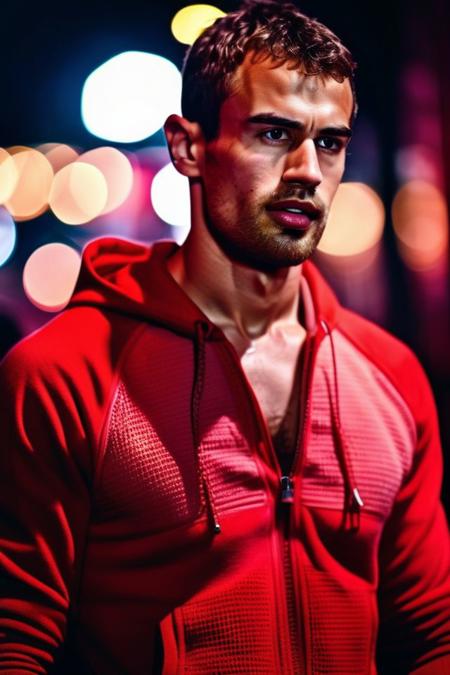 Gerard Piqu a man <lora:Theo-James_Gerard-Piqu:0.9>, realistic photo in a worn ((red tracksuit, massive hairy pecs)), ((light bokeh)), intricate, (steel metal [rust]), elegant, sharp focus, photo by greg rutkowski, soft lighting, vibrant colors, (masterpiece), ((streets)), (detailed face), looking at viewer, light smile, night, walking towards viewer, cinematic lighting, beautiful lighting, cinematic lighting, (hazy filter, film grain:1.2)