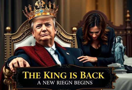 Donald Trump as the King of the USA: Donald Trump sits on a grand throne, crowned as the “King of the USA.” His crown is adorned with cryptocurrency symbols (Bitcoin, Ethereum, Dogecoin) instead of traditional jewels. His expression is fierce and triumphant, with a confident smirk that exudes power.
Tagline Displayed on a Luxury Sign: In the lower portion of the image, an elegant, ornate sign reads: “The King is Back: A New Reign Begins.” The sign is styled with metallic gold or silver accents, adding a touch of regal luxury that complements Trump’s powerful image.
Kamala Harris in the Background: In the background, Kamala Harris is shown in a defeated position, seated on a bed with a deeply sad, almost heartbroken expression. Her face reflects sorrow and despair, her gaze downward as she processes the moment. A small Statue of Liberty figure beside her offers support, placing a comforting hand on her shoulder, symbolizing a faint glimmer of hope amidst her sadness.
Visual Details: Shot with Panavision Cine Prime lenses, with expert color correction for a vivid docufiction style. The rich colors and textures enhance the cinematic effect, highlighting Trump’s dominance while drawing attention to Harris’s emotional vulnerability and the symbolic role of the Statue of Liberty. The luxury sign with the tagline adds a sophisticated, dramatic touch to the image’s lower section.