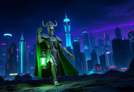 expert Intricate A Fossil Warrior Skull King, in a green and silver suit, stands on a dark cityscape surface. He holds a vibrant green glowing lantern in his right hand, casting a powerful light. Behind him, a futuristic metropolis glows with deep blue and purple neon, creating dramatic contrast against the night sky. Dynamic isometric pose, low angle cinematic shot with sharp focus, strong side rim lighting, golden ratio composition. Matte painting, Splash Ink Illustration, Octane Render, Unreal Engine 5, Raphael Style, Houdini Style, CGSociety, trending on Artstation. Hyperdetailed, stunning quality, vibrant colors, visionary art by Eric Zener and Elson.