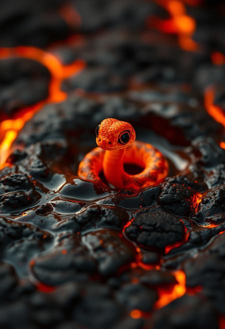 "A tiny, adorable baby fire snake, its body a vibrant, flaming fireball, emerged from a large puddle of lava, its beady, black eyes shining with a fierce, inner light. The snake's flaming scales, a soft, glowing ember red, seemed to dance and shimmer, like a thousand tiny flames, infusing the creature with a magical, otherworldly aura. The snake's body, a swirling, fiery vortex, seemed to pulse with an inner light, as if the very essence of fire and rebirth had been distilled into this one, perfect form. The lava around the snake seemed to shimmer and dance, as if the flames themselves were rejoicing in the snake's rebirth. The overall effect was one of breathtaking, adorable cuteness, as if the fire snake were a living, breathing embodiment of the cycle of life and death, born from the flames, reborn in fire and glory. The snake's flaming body seemed to radiate a warm, golden glow, like a tiny, fiery sun, illuminating the surrounding lava and darkness."