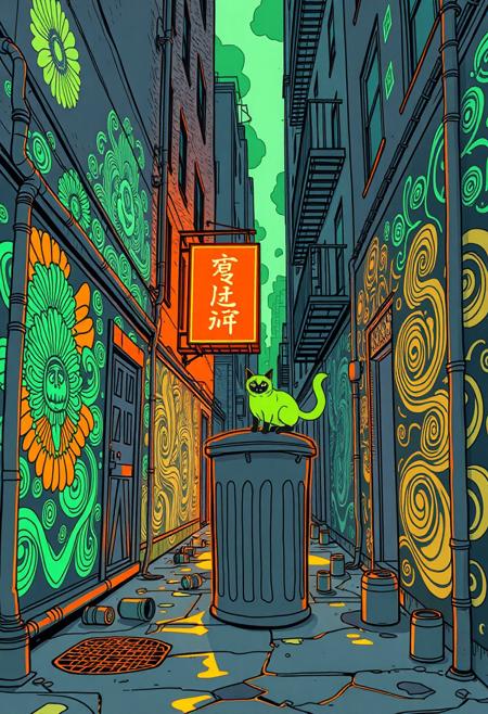 A quiet alley tucked between towering buildings, rendered in intricate architectural detail with simplified line art. The walls are covered in glowing murals and graffiti that swirl in symmetrical, surreal patterns of neon green and orange—abstract floral forms, cryptic faces, and swirling organic motifs. A lone cat perches atop a trash bin, outlined in precise ink lines, its eyes reflecting the harsh orange glow of a nearby sign. Steam rises from grates in stylized spirals, tinted in green, while distant streetlights paint repeating patterns across wet pavement. Every object—pipes, fire escapes, scattered cans—is crisply drawn, but the heavy use of neon green and orange transforms the mundane into something magical and otherworldly. The ambient light feels oppressive and enchanting, suggesting hidden narratives behind each stylized shadow. This fusion of flat, exacting structure and radiant color creates a surreal tension, as if the city is watching back.