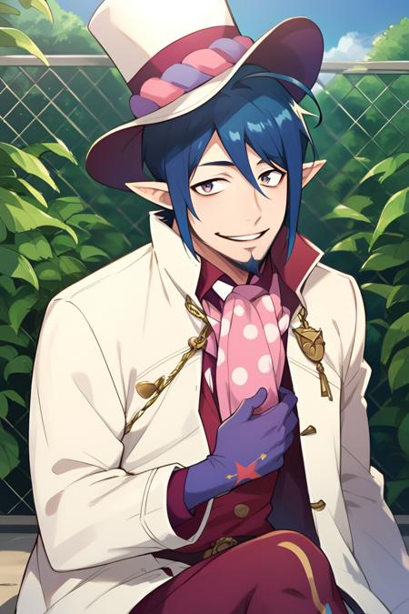 mephisto_pheles blue hair fingernails green eyes ahoge facial hair pointy ears