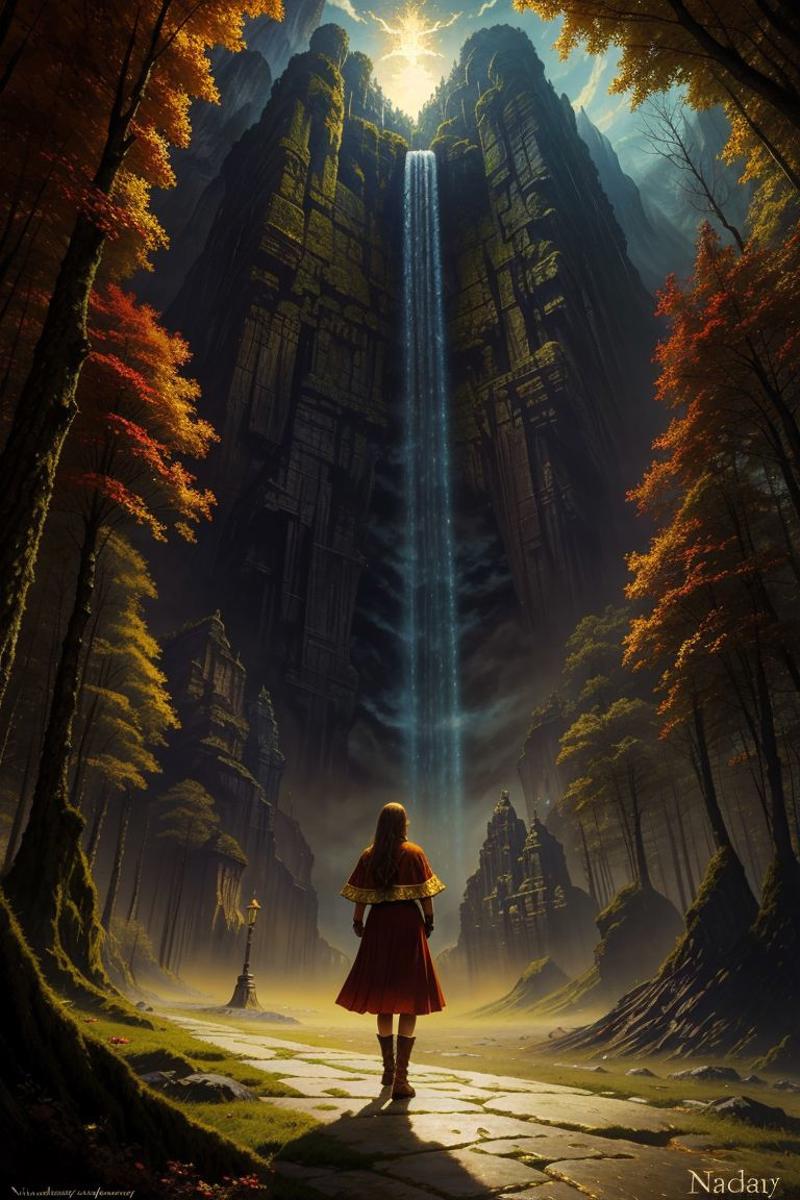 A woman in a red dress walking in front of a waterfall in a forest.
