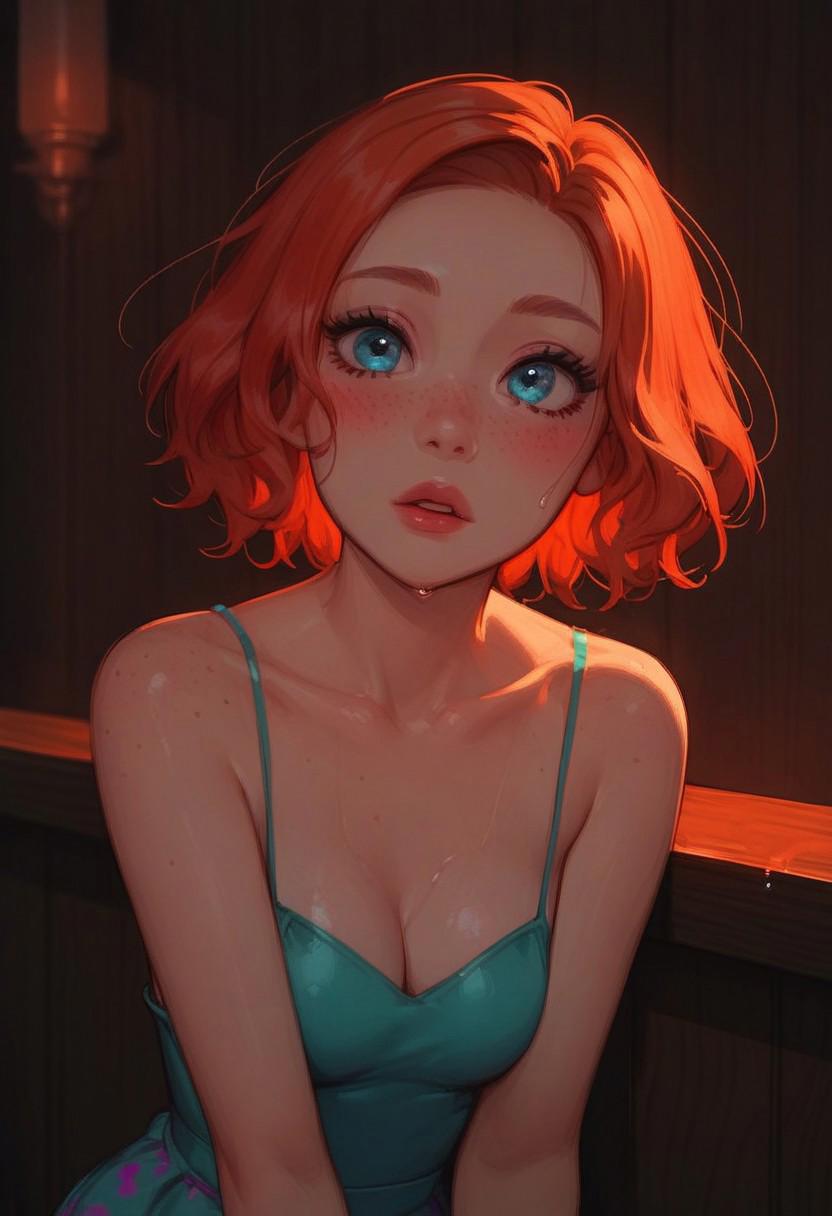 score_9, score_8_up, score_7_up, score_6_up, score_5_up, 25 year old girl, source_anime, hetero, 1girl, gorgeous girl , soft skin,  perfect face, beautiful blue eyes, red hair, wet hair, short hair, single bun, pale, (slim fit), slender, blush, long eye lashes, perfect cute face, petite,  freckles, pale skin, blushing, lounge, jazz club, bar, nice dress, slender, petite, at night time, cowboy shot, 3/4 view, sitting at bar