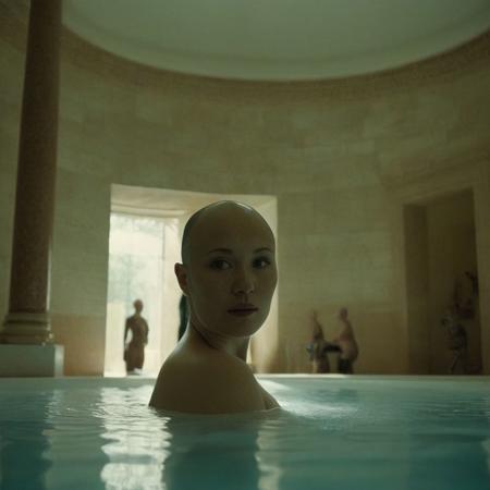 Analog nude full body portrait photograph, 2girls, nude, (1girl beautiful elegant chubby 40yo Asian woman, shaved head )(shiny scalp)(bald head:2), caressing head of (1girl, beautiful petite pale freckled redhead 28yo white woman), in pool of ornate huge Moorish Bath, columns, skylights, shot from below, dark chiaroscuro lighting, rich dark cool reds and pale nuetral colors in background, 35mm, realistic, Cinematic Hollywood Film style, high detail, detailed eyes, detailed skin texture, (blush:0.2), (goosebumps:0.3), subsurface scattering, highly detailed skin, skin imperfections, mole, dirty skin, sweat, scar, atmospheric, dramatic, erotic, sensual, rich dark colors, deep shadows, masterpiece, harmonious, vignette, 4k epic detailed, shot on kodak, 35mm photo, sharp focus, high budget, cinemascope, moody, epic, gorgeous, film grain, asz, portrait photo, Art style by Ingres