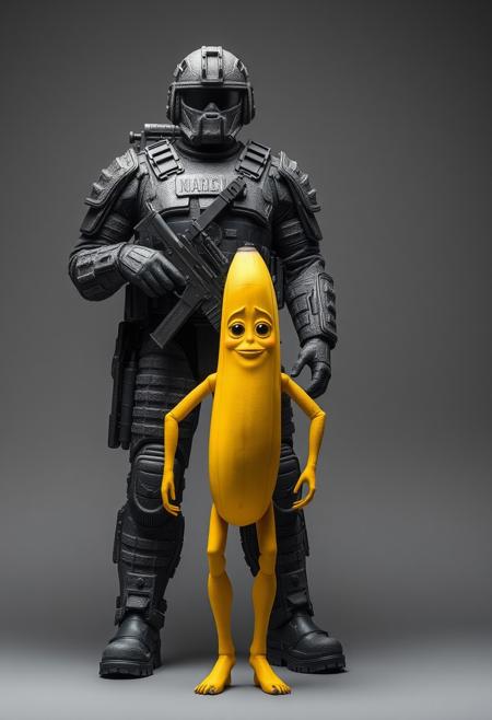 A highly detailed, full-figure granite Marine Corps perfect soldier, standing still in a commanding pose, fully equipped with advanced weapons, battle armor gleaming with intricate textures. The soldier appears statuesque, with a granite-like appearance, reflecting strength and resilience. In front of them stands a 2-meter-tall, anthropomorphic yellow banana, with human-like features such as limbs, eyes, and a mischievous expression, creating a surreal contrast. The setting is minimalist to emphasize the soldier’s immovability and the absurdity of the banana figure