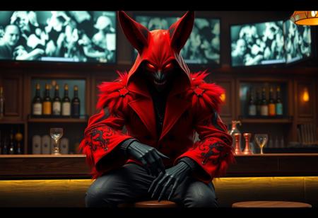 Cinematic 4K Octane render, trending on Artstation: Mysterious evil figure in striking red & black fox costume w/ black mask & glowing red eyes, seated on wooden stool at bar counter. Bottles, glasses, TV wall. Festive, captivating lighting, intricate costume, detailed eyes. Impeccable composition, contemporary aesthetics, golden ratio.