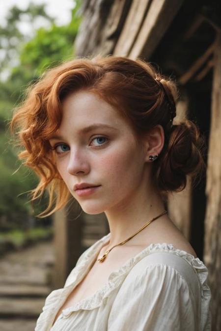 full shot photography of a pretty ginger irish girl, in the 18th century, blue eyes, messy victorian updo hairstyle, curly locks of hair pending over her shoulders, wearing a dirty filthy ragged used pirate outfit, looking around her, detailed face, detailed hands, indecent dynamic pose, rebelious smug expression, outside a tavern in an indonesian rustic fisher village, exquisite natural backlighting, dim light, rim light, low key, soft shadows, depth of field, photorealistic, analog film grain, rule of thirds, golden number, 8K, masterpiece