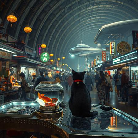 Setting is a futuristic shopping market at night in a huge domed building at night, the market is comprised of street vendors selling robot parts, food, weapons, and robots.  (((((CLASSICALLY STYLIZED LIGHTING AND ARCHITECTURE FROM CHINA INDIA JAPAN FRANCE EGYPT ROME AND GREECE))))), A gold fish bowl is on the table with a cat-fish) People wearing futuristic cyberpunk clothing are walking through the street market shopping and eating, A sleek black cat with red collar sits on a cluttered metal riveted desk with transparent top and micro-LED lighted computer components visible inside, On the desk is an ebony and gold maneki neko statue and futuristic art deco lighting, (((a beautiful woman, 24 years old, is standing in the foreground FACING THE VIEWER, she has an expression of interested curiosity)))))), the sleek black cat with red collar is sitting on the desk and watching the people walking by in the busy street market, the woman is dressed in futuristic cyberpunk ECLECTIC style yukata with a low neck line alluring aesthetic. An enormous art deco inspired starship with futuristic lighting and an enormous space station are visible in the background among the stars, The woman's hair is elegantly tied up with a ribbon. Artistic cyberpunk, dynamic perspective, (((overall architectural aesthetic is Art Deco Cyberpunk))).  Epic image that elicits a feeling of wonder and awe,