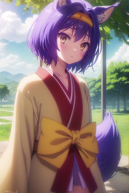 izunahatsuse, <lora:izuna hatsuse s1-lora-nochekaiser:1>,
izuna hatsuse, short hair, animal ears, purple hair, hairband, animal ear fluff, fox ears, slit pupils, (yellow eyes:1.3),
BREAK bow, tail, japanese clothes, wide sleeves, kimono, fox tail, short kimono,
BREAK outdoors, forest, nature, sun, sky, clouds, trees, river, grass,
BREAK looking at viewer, (cowboy shot:1.5),
BREAK <lyco:GoodHands-beta2:1>, (masterpiece:1.2), best quality, high resolution, unity 8k wallpaper, (illustration:0.8), (beautiful detailed eyes:1.6), extremely detailed face, perfect lighting, extremely detailed CG, (perfect hands, perfect anatomy),