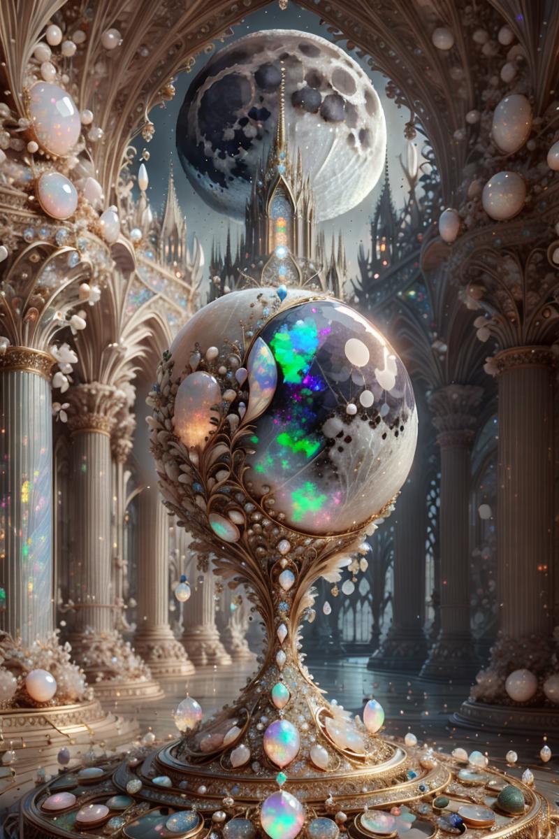 A Fantasy Artwork with a Large Crystal Sphere, Decorative Ornaments, and a Moon in the Background