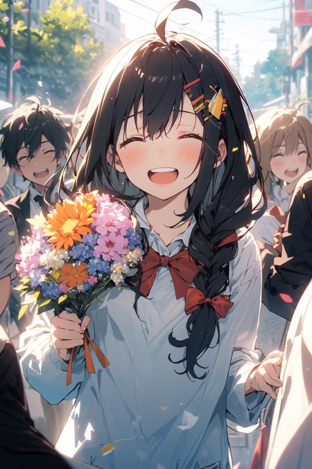 (masterpiece:1.2), best quality,cozy anime,
open mouth, smile, closed eyes, multiple girls, flower, holding, blush, bouquet, holding bouquet, brown hair, bangs, ^_^, shirt, long hair, facing viewer, star hair ornament, multiple boys, braid, star (symbol), :d, ribbon, bow, collared shirt, ahoge, teeth, hair ornament, black hair, white shirt, jacket, confetti, swept bangs, orange flower, upper body, long sleeves, bowtie, upper teeth only, blurry, yellow flower, blazer, happy, pink flower, virtual youtuber, neck ribbon, red bow, grin, white flower, solo focus, ^o^, blue bow, school uniform, red ribbon, blue ribbon, depth of field, backlighting, round teeth, hands up, sunglasses, open clothes, red bowtie, wing collar, hair between eyes
 <lora:cozy anime_20230630155224:0.9>