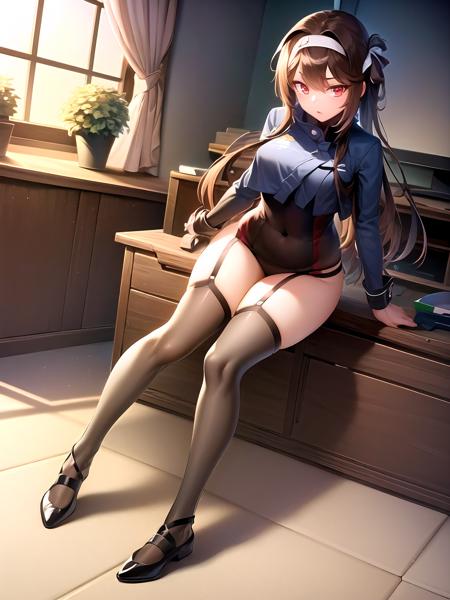 ((masterpiece,best quality)),1girl, solo,solo focus,full body, ultra-detailed ,( beautiful woman ),(idol), extremely detailed CG unity 8k wallpaper,red eyes, brown hair , black thighhighs ,indoors,bedroom,television,open window,curtains,potted plant, natural light,