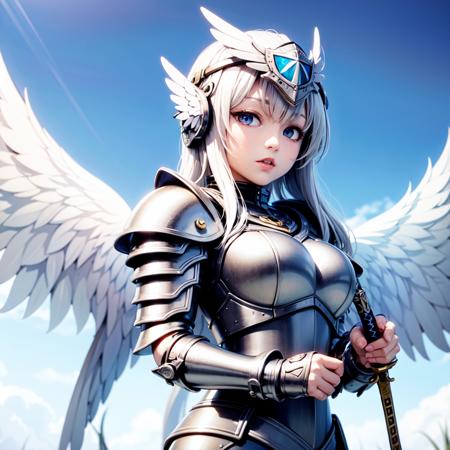 (8k, RAW photo, best quality, masterpiece:1.2), 1girl, solo focus, <lora:mgq_valkyriev0.1:0.60>, mgq_valkyrie, , wings, (helmet, silver armor:1.2, sword:1.1), sky