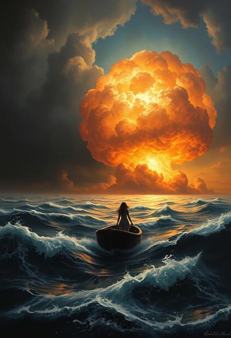 (((Oil painting masterpiece in Ayvazovsky style))) 
oil painting masterpiece, ((girl)) , ocean, boat, darkness, fireball in the sky, super wind blows, (a huge all-consuming atomic explosion in the background from the horizon and extending beyond the edge of the picture into space:0.9)