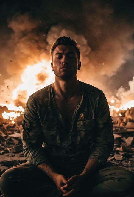 dim light, extremely blurry disposable photo, RAW photo, portrait of a young man meditating calmly among war, chaos and explosions, cinematic lighting, heavy film grain, shallow depth of field