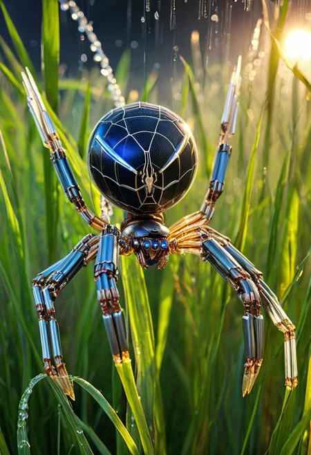 cyberpunk,  a robotic spider on a his spider_web on blade of grass, looking at viewer, dewdrops, macro, glow, shallow depth of focus,,epiCPhoto, flux-style