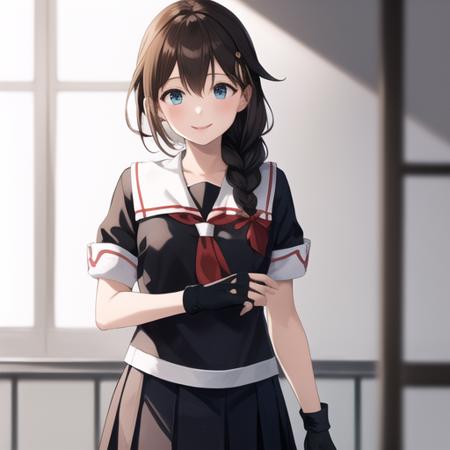 (masterpiece, best quality:1.2),illustration,8k,hd,1girl,solo,upper body,(portrait:1.2),long hair,single braid,black serafuku,black school uniform,pleated skirt,fingerless gloves,smile,<lora:Shigure(kan)>,