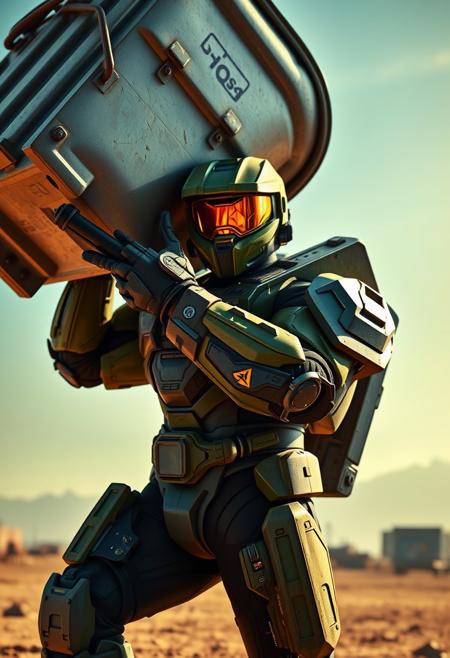 cinematic super realistic stunning visuals, Master Chief (from Halo) powerlifting a huge military metal supply container with one arm, extreme weightlifting, full body, low angle, showing off, wearing his green helmet and iconic power armor, extremely detailed, working out, open military base background, lens flare, color palette is warm and rich in saturation and contrast.