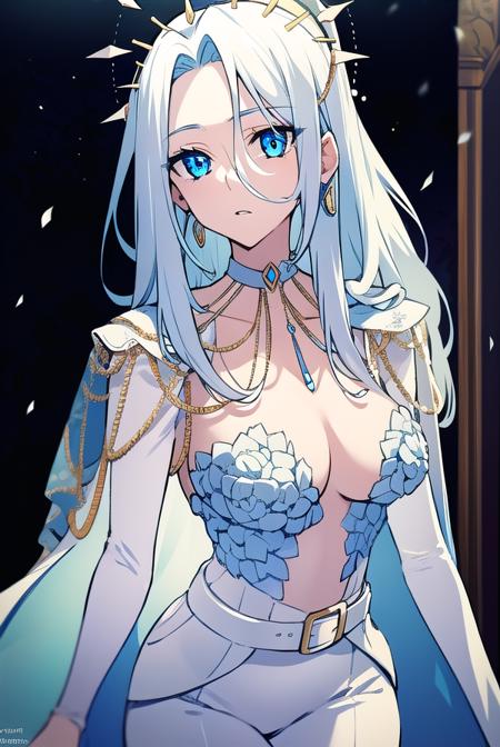 amalee, blue eyes, white hair, long hair, colored inner hair, eyes visible through hair, multicolored hair, belt, blue cape, cape, choker, collarbone, earrings, halo, jewelry, pants, white belt, white choker, white pants,