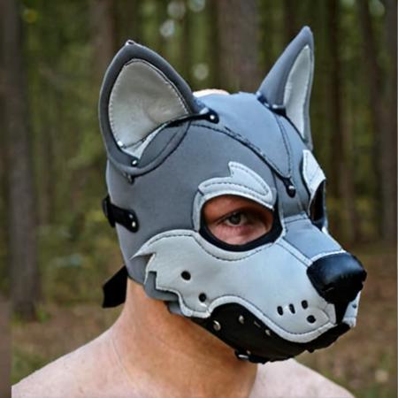 <lora:BDSM_animal_masks:0.7>  wolf mask, grey wolf, realistic colors, neoprene, k9 puppy hood