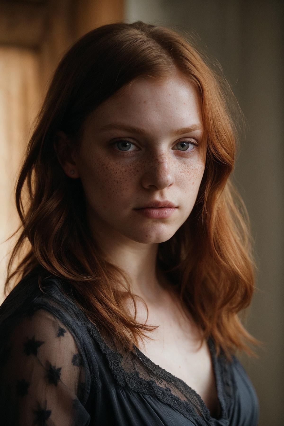 A close-up of a woman with freckles and red hair wearing a black shirt.