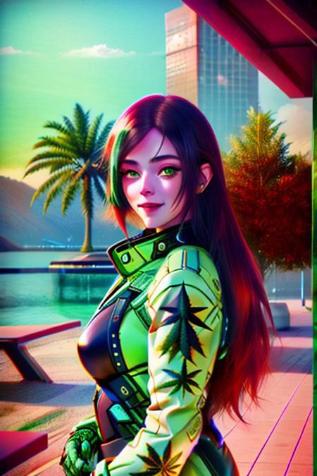 420futurism, female face, (anatomically correct:1.7), medallion, score_9, score_8_up, score_7_up, score_6_up, close up, upper body, hands hidden, masterpiece, Professional headshot. Detailed face. Highly detailed beautiful expressive eyes, (multi colored hair:1.4), glamorous, big twisted long hair. Mischievous Smirk. Light makeup. Studio lighting. Photorealistic, Natural atmospheric lighting, intricate details, 35mm photograph, film, professional, 32k visuals, highly detailed, elegant, studio quality, perfect body and face, absolutely outstanding image, fitness model, 32 years old, (gentle smile:1.4), aged mature female, (aged skin:1.3), persuasive, stern look. hands out of view, scenery, beach, tropics, (red:1.7), (green:1.7), hemp clothing, cyberpunk,  futuristic, neon, hemp cyber suit, fully dressed. (tall hemp tree:1.6).