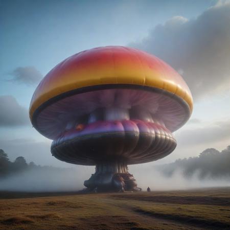 sfw, shnywrld, art style,  ,masterpiece,(best quality),extremely detailed ,   scifi, cyberpunk, steampunk, inflatable, zipper, mushroom, dramatic scene, in an open space, liminal,colourful fog, mist,colourful smoke, , shnywrld<lora:challenge\shinyworld_2dim.safetensors:0.75:0.75>