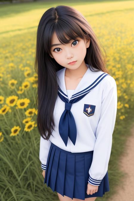 masterpiece,best quality, a  photo of 1girl,  Arinax, 17 years old, large brown eyes, long hair, hair hair ornament, school uniform, blue skirt, smile, look at viewer, sunny, flowers, grass, blurry background, upper body shot,  blue sky, flowers on the ground, {an extremely delicate and beautiful girl}, cg 8k wallpaper, masterpiece, cold expression, handsome, medium breastsupper body, looking at viewer, school uniform, sailor suit,serafuku, messy long hair, big eyes, beautiful detailed eyes {{a black cross hairpin}}, handsome,Hair glows,dramatic angle,