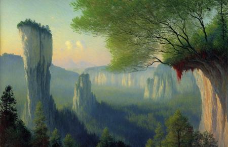 (impressionism:1.15), Bleeding sap,A hovering city ,Singing roots , Cliff/Bluff, pine forest, (john harris:1.1), scenery,scene painting,a painting,