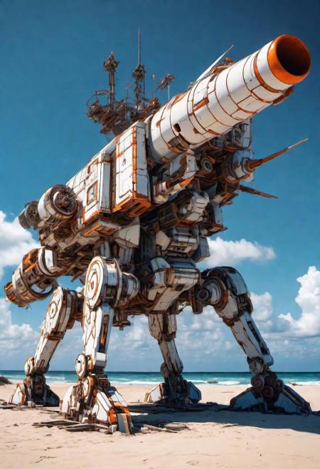 an artillery installation on a beach, on a deserted island, in the style of precise, detailed architecture paintings, mecha anime, industrial-inspired, dark white and orange, i can't believe how beautiful this is, fragmented planes, sky-blue, deep aesthetic, intricate, highly original, innocent, alive, enhanced, sharp focus, rich cinematic quality, dramatic light