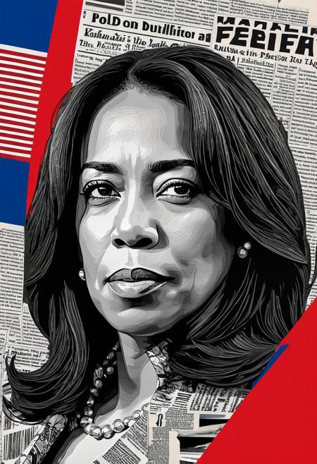 newspaper art, line art, made up of newspaper clippings, montage, low opacity, black and white, mixed media, VICE PRESIDENT KAMALA HARRIS. The background is a bold red, white and blue with colorful patriotic shapes and elements stylized in bright patriotic colors. Jasper Johns art style, trending on artstation, sharp focus, studio photo, intricate details, highly detailed, by greg rutkowski, trending on artstation, sharp focus, studio photo, intricate details, highly detailed, by greg rutkowski