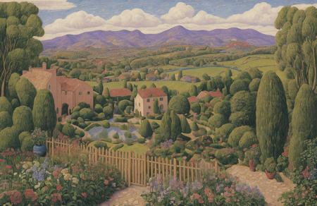 style of Henry Moret, boscage ,hacienda ,garden , Valley , scene painting,a painting,scenery,