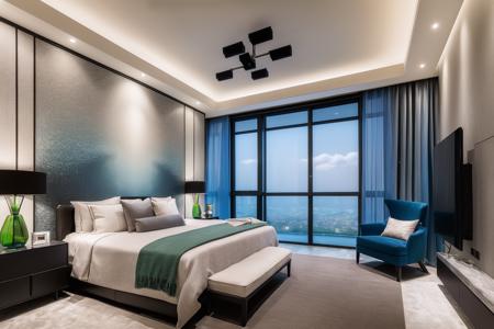 ((best quality)),((masterpiece)),((realistic)),  <lora:JJsModernStyle:.7> , photorealistic,  sky
(((modern style))) ,indoor scenery, indoor ,wall ,rug , lamp, flower, vase , chair,ceiling light, bed room, plant, window ,curtain,couch, pillow,