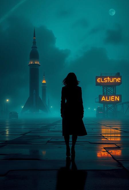 A woman in a noir trench coat walks across a foggy spaceport at night, vintage rockets in the distance and glowing signs written in alien script., retro-futurism, minimalist noir, cinematic silhouette, pulp sci-fi illustration, high-contrast lighting, mid-century spaceship design, atmospheric environments, bold color palette, solitary figures, glowing alien worlds, vintage space suits, graphic composition, emotional isolation, stylized realism, foggy cityscapes, sleek technology, dramatic perspective, 1950s futurism, moody ambiance, pop-sci-fi narrative