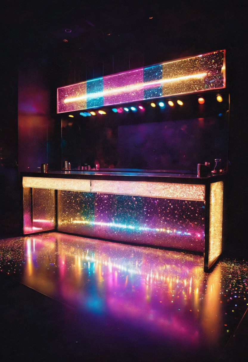 masterpiece, extremely detailed, an empty discotheque, glitter, glowing outlines, long exposure light scuptures, dynamic, realistic, HD, retro film, film grain, OverallDetailXL, Neon Night page