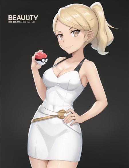 <lora:BeautySunMoon:0.7> BeautySunMoon, 1girl, solo, breasts, smile, dress, holding, cleavage, bare shoulders, medium breasts, white dress, character name, hand on hip, copyright name, black background, poke ball, poke ball (basic), holding poke ball