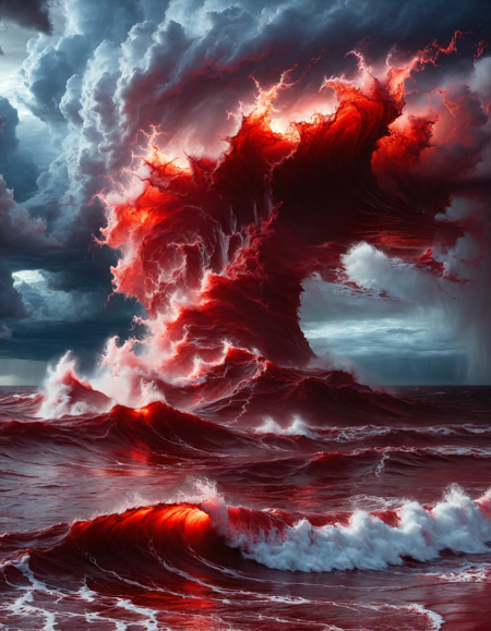 masterpiece, high quality, absurdres, best quality, very aesthetic, newest, cinematic lighting, epic ocean storm, gigantic blood-red wave crashing, deep crimson sea, foamy red spray, turbulent surface, glowing blood reflections, stormy sky, dramatic clouds, volumetric lighting, intense contrast, thunderstorm atmosphere, occult energy in the sky, dynamic motion, wind-swept scene, sea of blood, violent natural force, surreal oceanic horror, apocalyptic tone, (Blood for the Blood God:1.2), (blood:1.3), <lora:Blood for the Blood God:1>