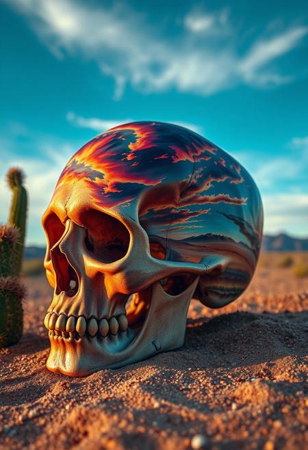 A human skull sits on the desert ground next to a cactus, its surface transformed into a canvas of vivid, western-themed art, tells the story of the sunset. The painting, rendered in exquisite detail, features the vast, sweeping expanse of the American West. Every brushstroke is meticulously captured, from the delicate, swirling patterns of the clouds to the tiny, shimmering sparkles on the sand. The overall effect is one of haunting, surreal beauty, as if the very essence of the American frontier has been distilled into this transformed skull, turning something once macabre into a masterpiece of western art. highest-Quality, intricate details, visually stunning, Masterpiece