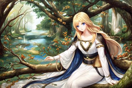 in forest; solo, waifu with blonde hair, blue eyes, white dress and black cape, sitting on tree branch; exceptional, best aesthetic, new, newest, anime, masterpiece, best quality, ultra detailed; correct anatomy, golden ratio, perspective; painting by John William Waterhouse