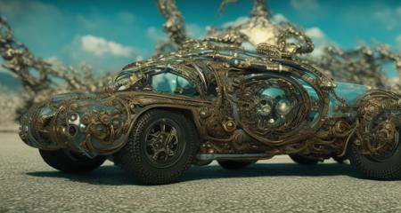 70mm cinematic, intricate (tensorfunk psychedelic alien vehicle), body horror, microcosms of detail, octane render, mirrors, (rtx on), [atompunk], intricate details, tilt shift <lora:epiNoiseoffset_v2:0.3> <lora:tensorfunk:0.7>