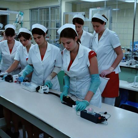 masterpiece, best quality, score_9, score_8_up, score_photo, nurses working at sperm bank, beautiful nurses, magazines, porn mags, dirty magazines, dirty factory, interior of sperm bank, nurses in shiny pvc uniforms, facility made to extract sperm, suction pump machinery