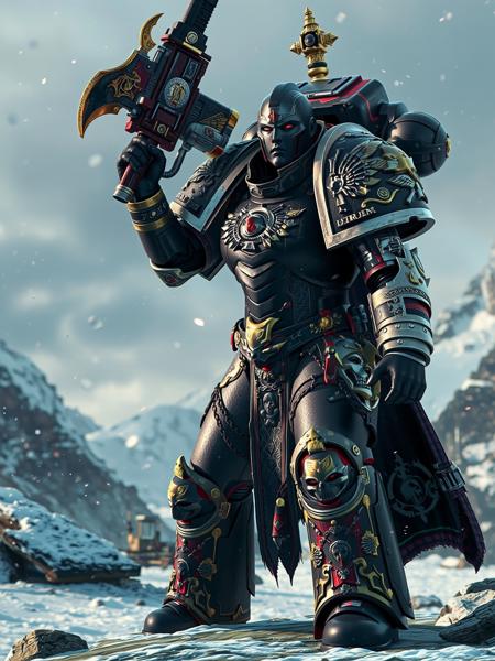 DeathW40K, A {male|female} {skeleton|human|elven|orc} space marine wearing intricate ornamented {black|gray|obsidian} {gold|silver|gray} {ruby|ebony|smaragd} armor, is standing in a dynamic posture in an arctic landscape.