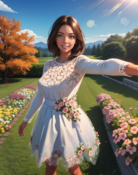 Faith,green eyes,brown hair,
white dress,long sleeves,light smile,
outdoors,flowers,country,selfie,
standing,
(insanely detailed, masterpiece, best quality),<lora:FaithSeed:0.8>,