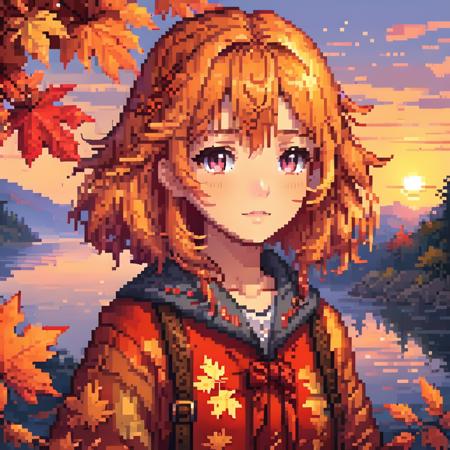 pixel art,<lora:pixel_art:0.75>,
(((sunset))),flat color,Golden ratio,{masterpiece:1.5},{extremely detailed CG unity 8k wallpaper:1.5},{Grim expression:1.2},{1girls:2},{full body:1.8},{cry, smile:1.8},The wind blows the maple leaves,extremely detailed maple leaf,{extremely detailed eyes:1.5},{extremely beautiful detailed anime face:1.5},black hair,{cute animal face:1.5},{extremely delicate and beautiful girls:1.4},blue eyes,{glowing eyes, blank stare:1.5},{backlight:2},body is turning into maple leaves,{flowing maple leaf background:1.4},{depth of field:2},Red light,extremely detailed sky,clothes with maple leaf,{Maple tree background:1.5},body with maple leaf,floating hair with maple leaf,looking at viewer,maple leaf forground,hair with maple leaf,{flowing hair:1.2},The picture fills the canvas,{flowing:1.2},dynamic angle,