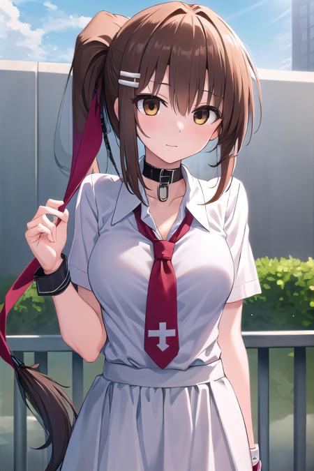 masterpiece, best quality, ultra-high-detailed,  Minakami Yuki, brown hair, brown eyes, ponytail, choker, pin, armband, red necktie, white gown,