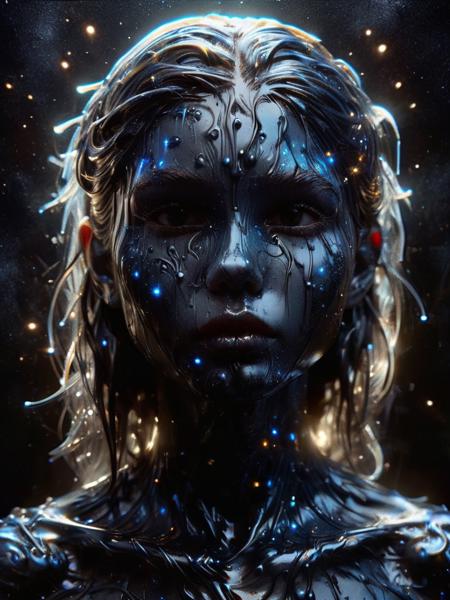 Portrait, an amorphous transparent silhouette of a girl with a disk halo of ral-blacklight, emitting cosmic energy into a blue-black nightmare. line of binary golden star thread in the background like stars. space wires, Jim Mahfood style, Henry Asencio, stylized painting, fine art masterpiece, incredible detail, reflection, octane, detailed face, digital art <lora:ral-blacklight-sdxl:1> made of ral-blacklight