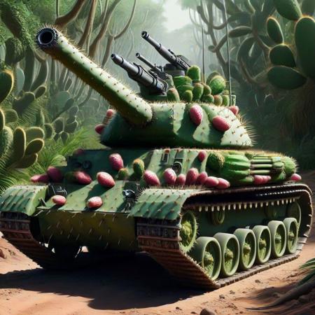 [tank]tank panzer wagon, gun barrel, driving through the jungle and desert, tech  <lora:Prickly Pear Style v1:1>, Prickly Pear Style,